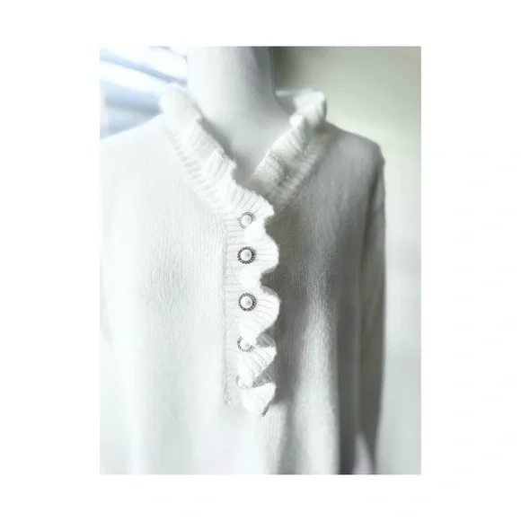 White Ruffle V-Neck Button Sweater - Picture 1 of 6